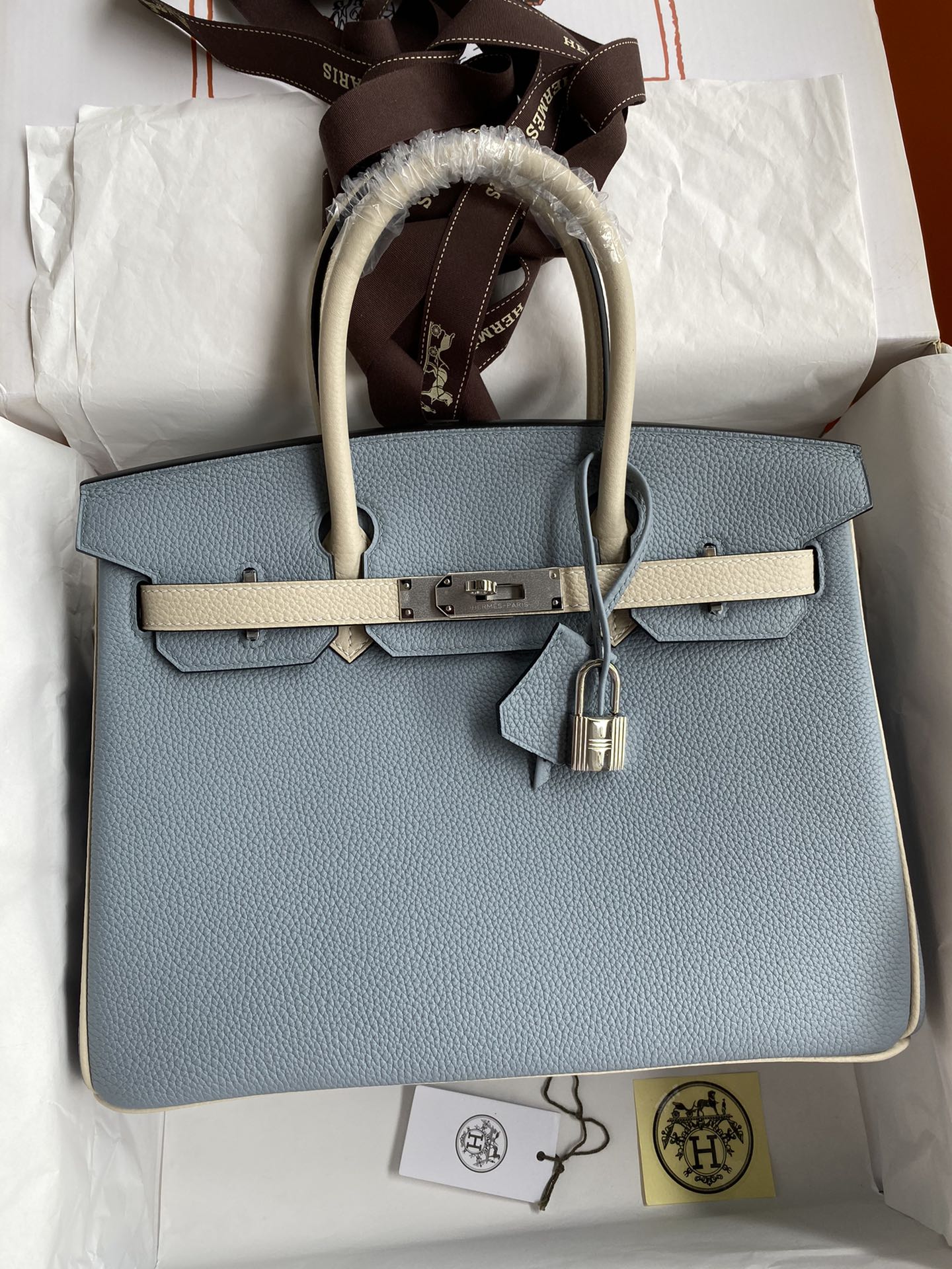 Hermes Birkin 30CM Togo Leather Handbag Blue Lin